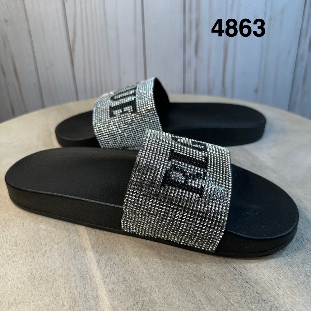 True Religion Meyer Pool Slides Womens Black Logo Sandals Slip On Size 8